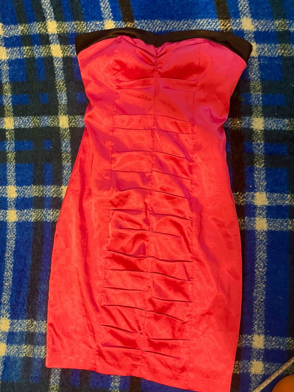 Hot Pink Strapless Ruched Mini Dress with Black Trim